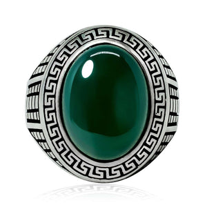 925 Sterling Silver Mens Green Agate Greek Key Meander Patterned Sides Ring