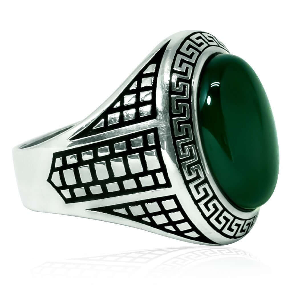 925 Sterling Silver Mens Green Agate Greek Key Meander Patterned Sides Ring - SilverMania925