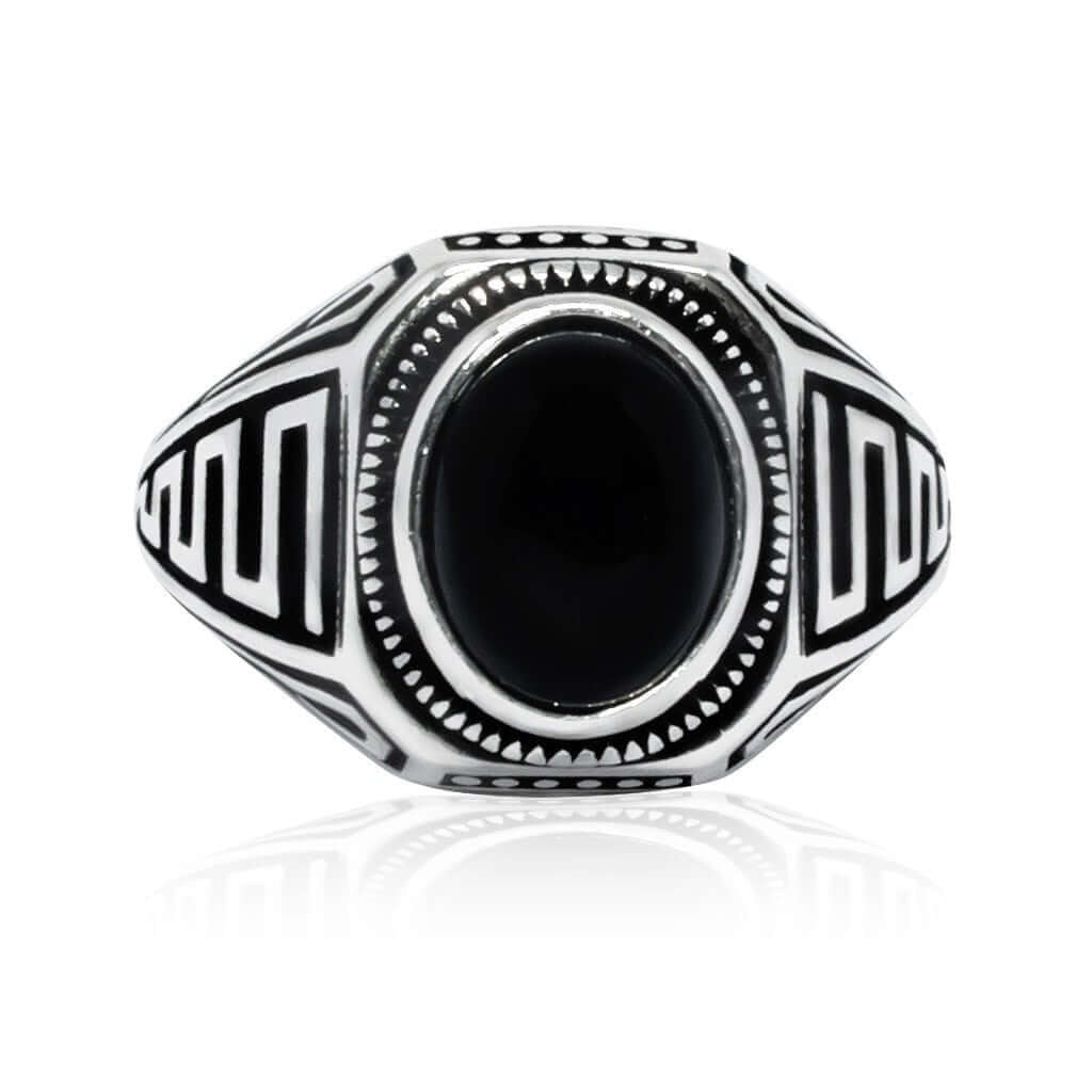 925 Sterling Silver Mens Genuine Black Onyx Greek Key Meander Handmade Ring - SilverMania925