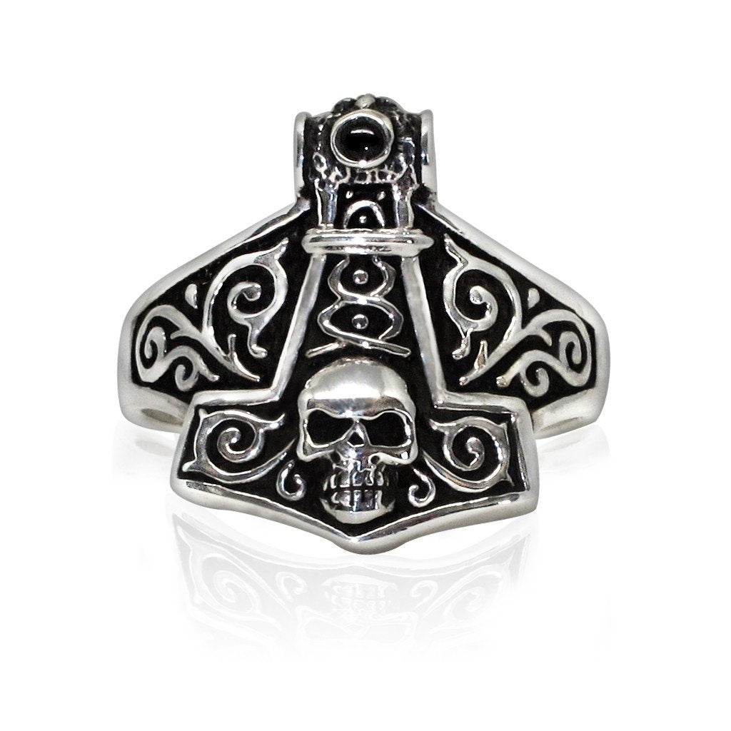 925 Sterling Silver Thor Hammer Mjolnir Viking Norse Skull Gothic Ring - SilverMania925