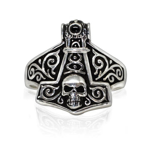 925 Sterling Silver Thor Hammer Mjolnir Viking Norse Skull Gothic Ring