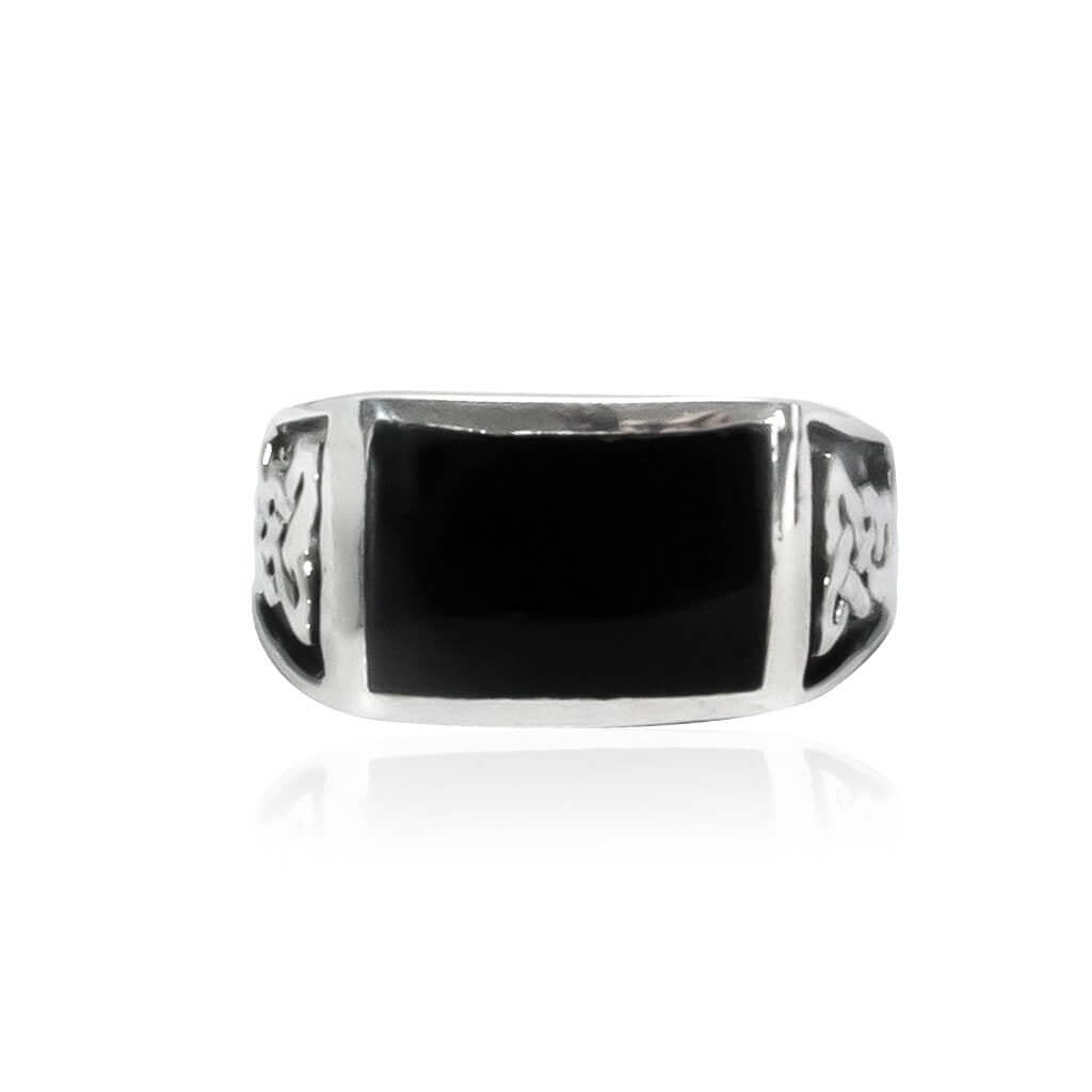 925 Sterling Silver Men's Rectangle Onyx Celtic Knot Pattern Ring - SilverMania925