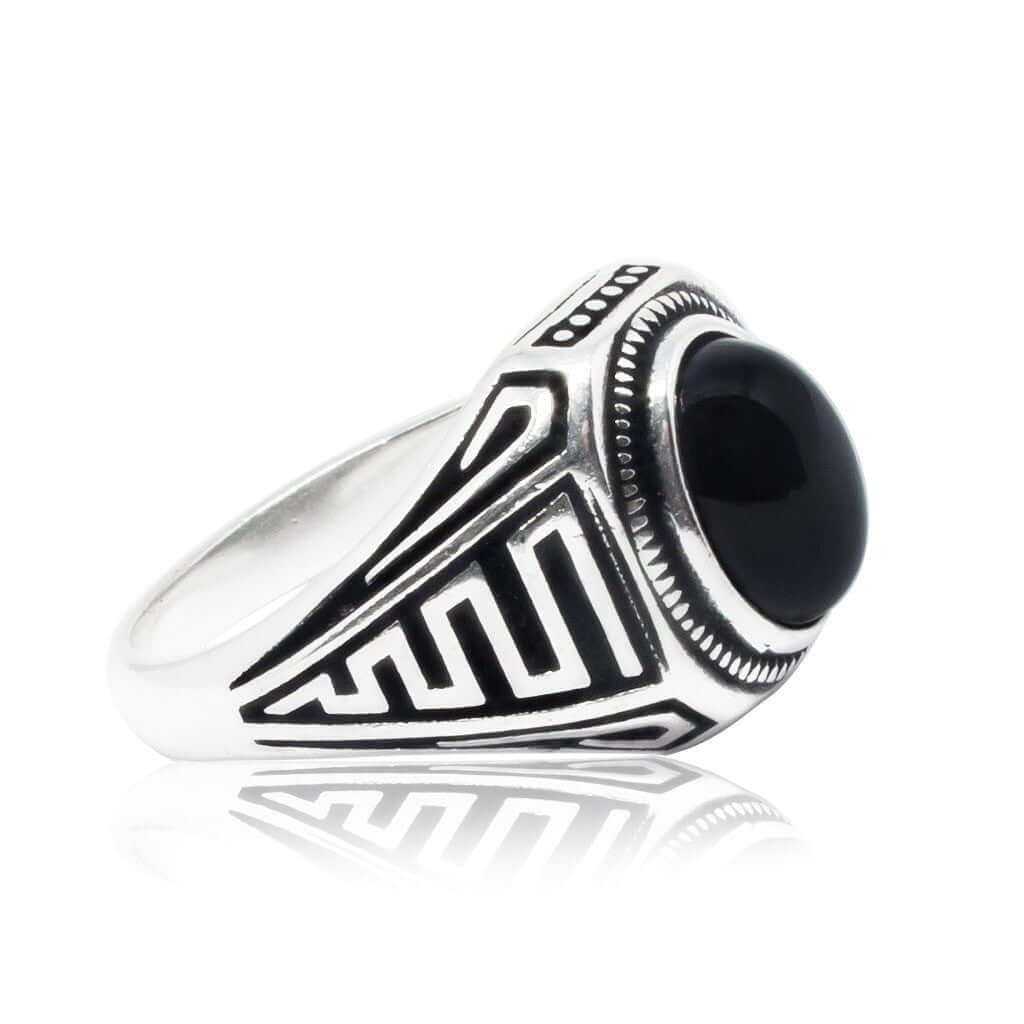 925 Sterling Silver Mens Genuine Black Onyx Greek Key Meander Handmade Ring - SilverMania925