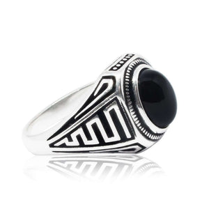 925 Sterling Silver Mens Genuine Black Onyx Greek Key Meander Handmade Ring