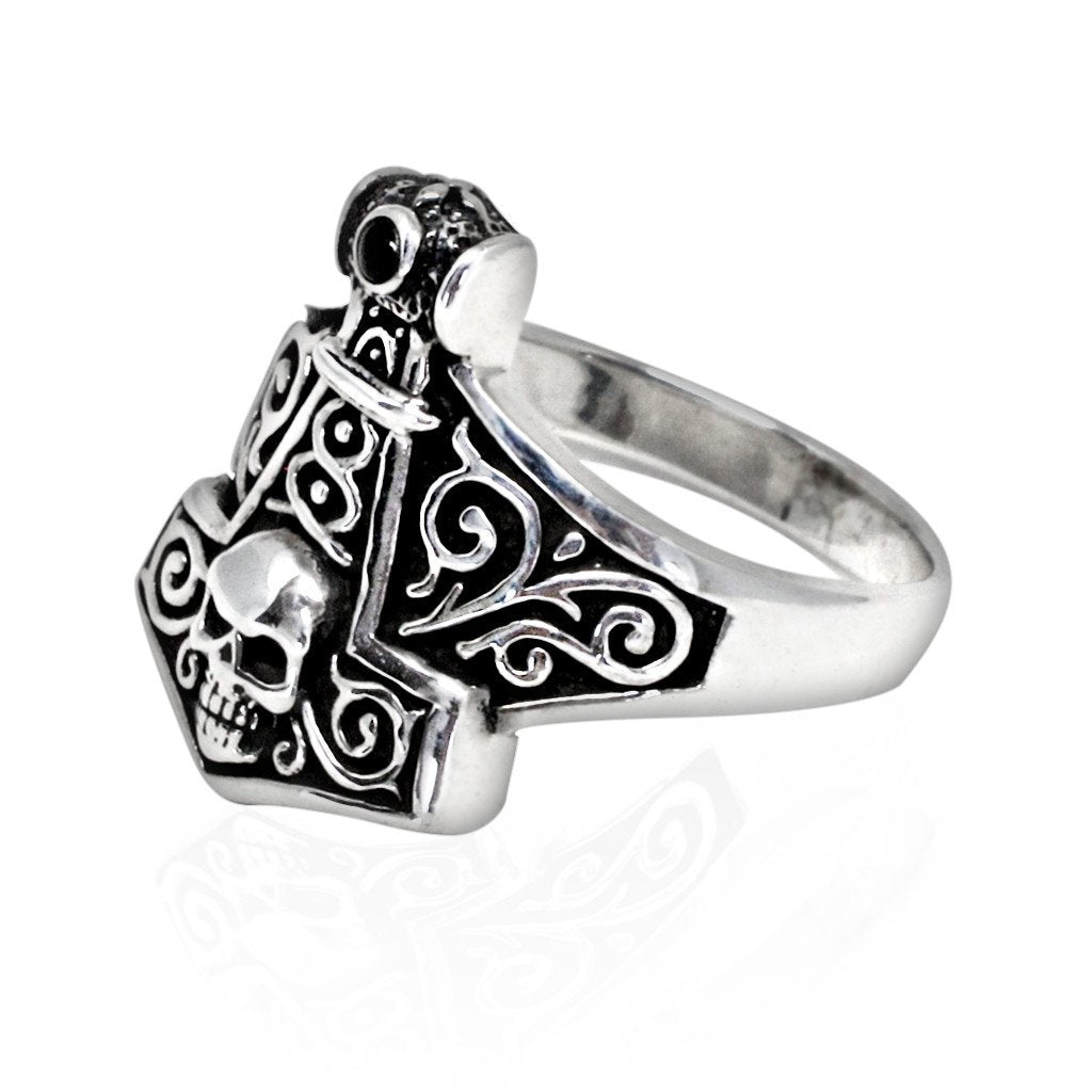 925 Sterling Silver Thor Hammer Mjolnir Viking Norse Skull Gothic Ring - SilverMania925