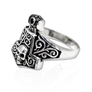 925 Sterling Silver Thor Hammer Mjolnir Viking Norse Skull Gothic Ring