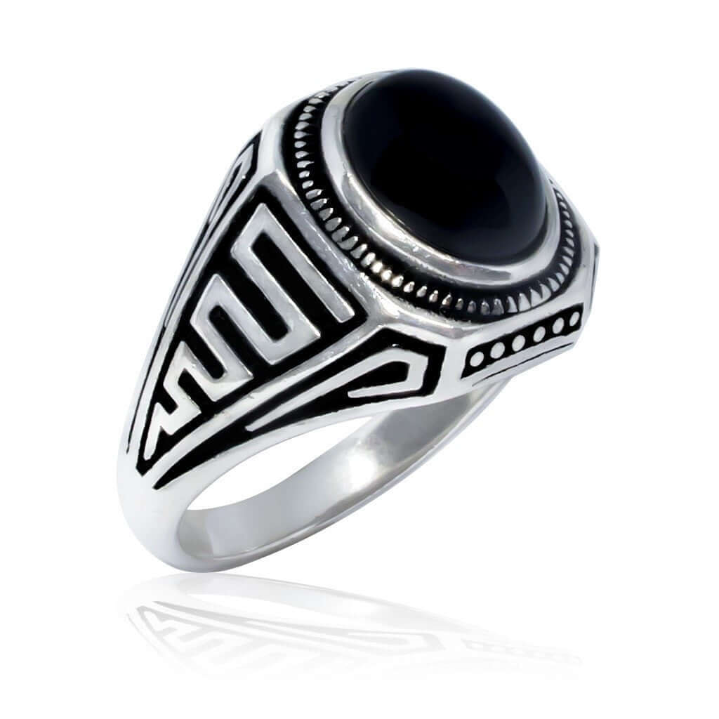 925 Sterling Silver Mens Genuine Black Onyx Greek Key Meander Handmade Ring - SilverMania925