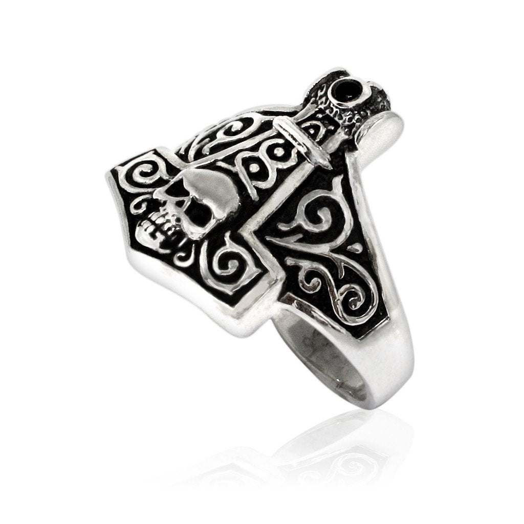 925 Sterling Silver Thor Hammer Mjolnir Viking Norse Skull Gothic Ring - SilverMania925