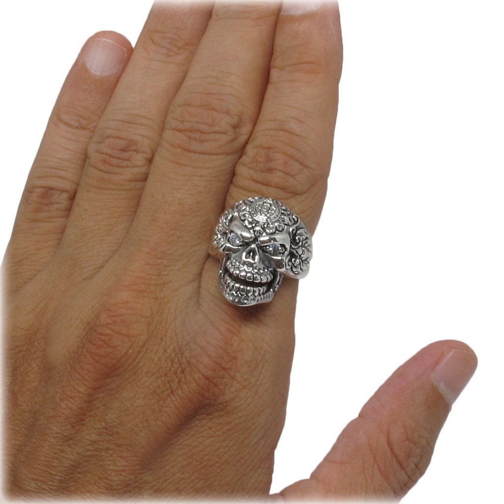 925 Sterling Silver Sugar Flower Skull Clear CZ Eyes Gothic Tattoo Biker Thick Ring - SilverMania925