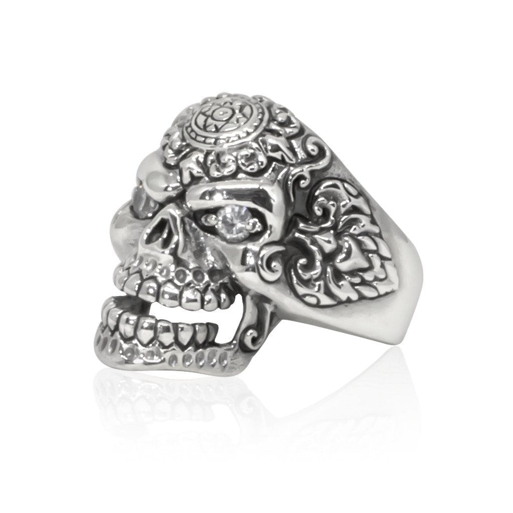 925 Sterling Silver Sugar Flower Skull Clear CZ Eyes Gothic Tattoo Biker Thick Ring - SilverMania925