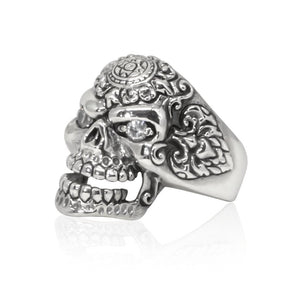 925 Sterling Silver Sugar Flower Skull Clear CZ Eyes Gothic Tattoo Biker Thick Ring