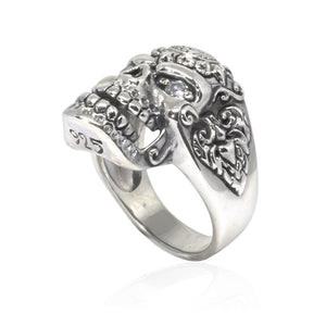 925 Sterling Silver Sugar Flower Skull Clear CZ Eyes Gothic Tattoo Biker Thick Ring