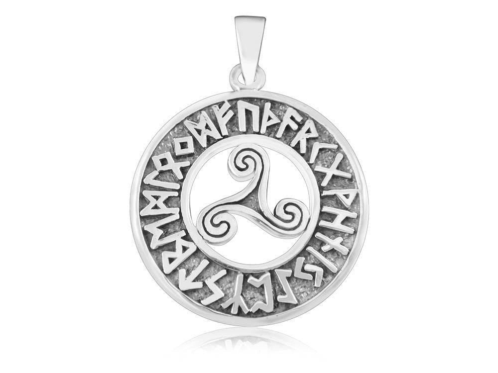 925 Sterling Silver Triskele and Runes Pendant
