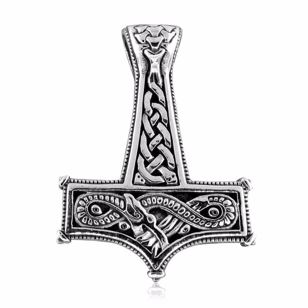 925 Sterling Silver Viking Knotwork Thor Hammer Mjolnir Naga Dragon Pendant 16gr