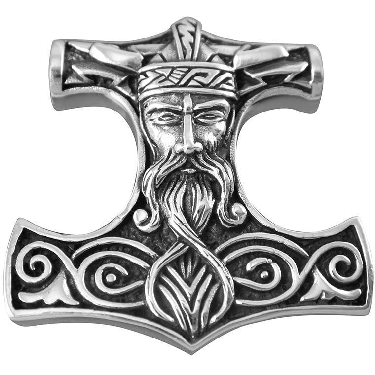 925 Sterling Silver Large Mjolnir Pendant with Odin's Face - SilverMania925