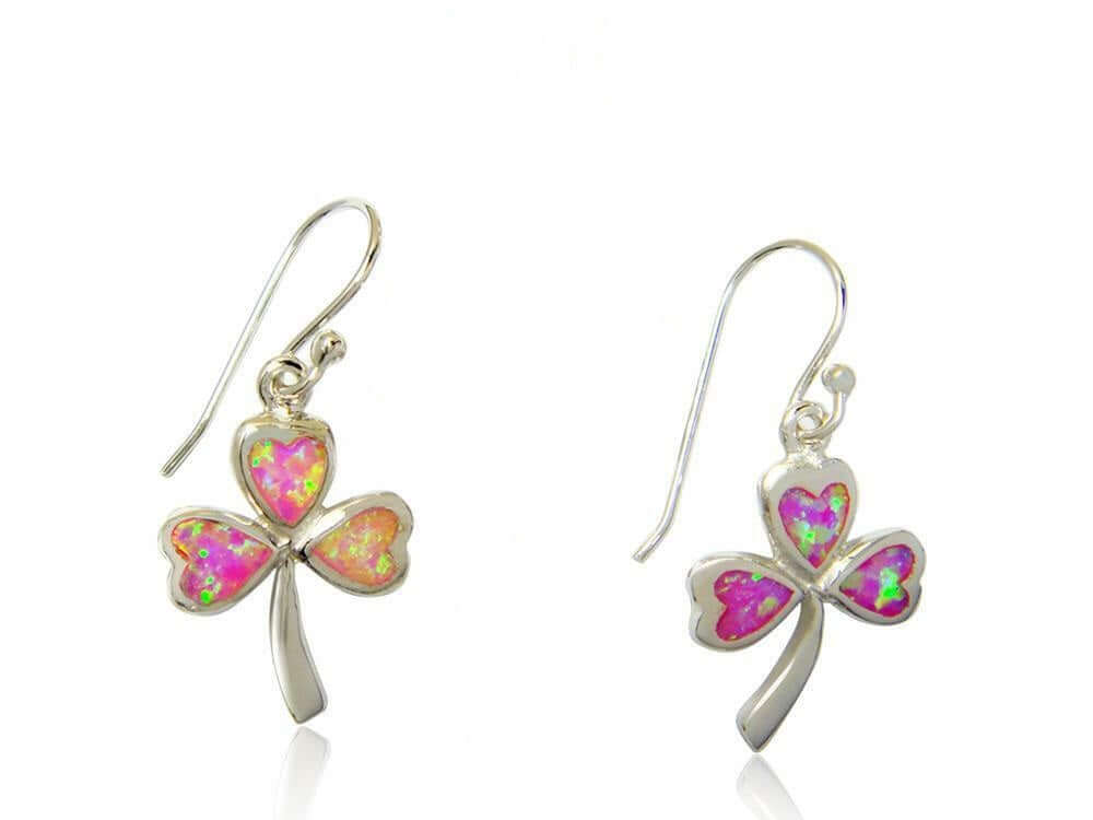 925 Sterling Silver Pink Fire Opal Celtic Shamrock Clover Earrings Set