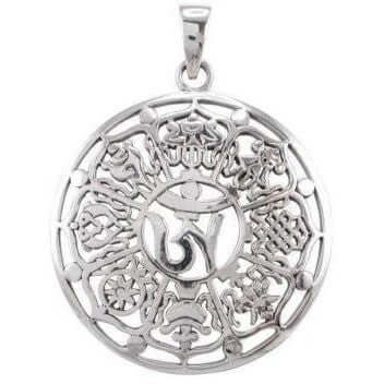 925 Sterling Silver Buddhism Ohm Om Aum Ashtamangala Signs Sacred Charm Pendant