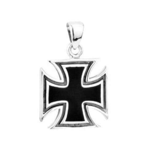 925 Sterling Silver Men's Iron Cross Biker's Maltese Black Inlay Pendant