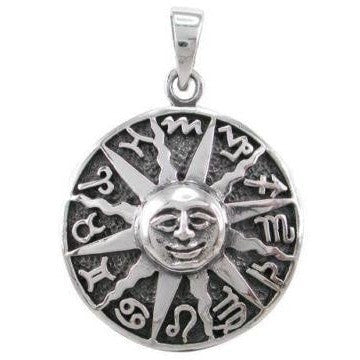 Sterling Silver Sun Face with Zodiac Symbols Pendant - SilverMania925