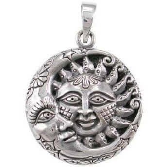 925 Sterling Silver Crescent Moon Face Pendant with Sun - SilverMania925